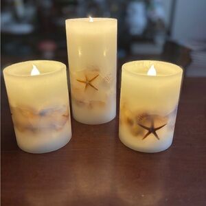Elegant Cream Flameless Candle w Beach Theme Set of 3